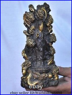 8 Old Chinese Copper Gilt Fengshui 9 Dragon Kwan-yin Guan yin Statue