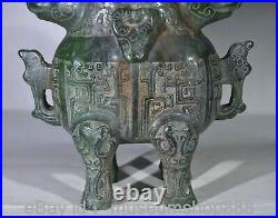 8 Old Chinese Green Jade Carving Dynasty Palace Dragon Beast 2 Ear Tank Jar