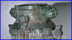 8 Old Chinese Green Jade Carving Dynasty Palace Dragon Beast 2 Ear Tank Jar