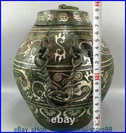 8 Old Chinese Silver Bronze Ware Xi Zhou Dynasty portable Dragon Tank Crock