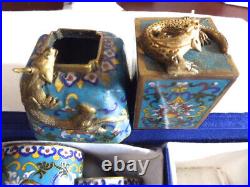 8 Pc. Chinese Cloisonne Desk Set. Brass desk set with fancy colorful DRAGONS