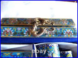 8 Pc. Chinese Cloisonne Desk Set. Brass desk set with fancy colorful DRAGONS