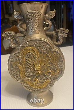 85/8. ANTIQUE Chinese Tibetan Silver Hand-Carved Dragon VASE WINE JAR