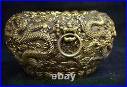 9.2 Chinese Pure Brass Fengshui Round Dragon Jar Pot Crock Statue