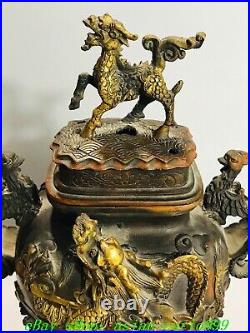 9.4 Old Chinese Dynasty Bronze Gilt Dragon Phoenix 3 Leg Incense Burner Censer