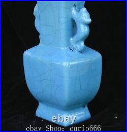 9.4'' Old Chinese Ru Kiln Porcelain Double Dragon Loong Head Animal Bottle Vase