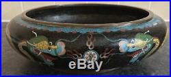 9.5 SIGNED antique CHINESE CLOISONNE DRAGON & FLAMING PEARL FIRE BOWL