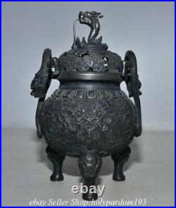 9.6 Antique Museum Chinese 100% Pure Silver Dragon Bat incense burner Statue