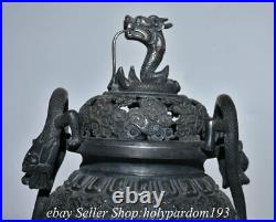 9.6 Antique Museum Chinese 100% Pure Silver Dragon Bat incense burner Statue