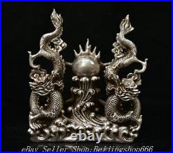 9.6 Marked Old Chinese Copper Silver Fengshui Double Dragon Statue Sculpture