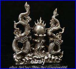 9.6 Marked Old Chinese Copper Silver Fengshui Double Dragon Statue Sculpture