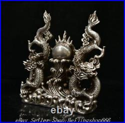 9.6 Marked Old Chinese Copper Silver Fengshui Double Dragon Statue Sculpture