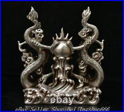 9.6 Marked Old Chinese Copper Silver Fengshui Double Dragon Statue Sculpture