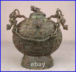 9.6 Old Chinese Bronze Ware Dynasty Portable Dragon Beast Face Wine Vessel