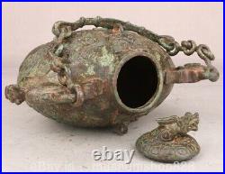 9.6 Old Chinese Bronze Ware Dynasty Portable Dragon Beast Face Wine Vessel