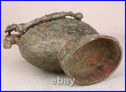 9.6 Old Chinese Bronze Ware Dynasty Portable Dragon Beast Face Wine Vessel