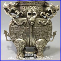 9 Chinese Silver Dragon Phoenix Beast Sheep Bull Head Zun Vase Bottle Pot