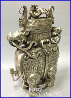 9 Chinese Silver Dragon Phoenix Beast Sheep Bull Head Zun Vase Bottle Pot