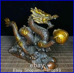 9 Old China Bronze Gilt Feng Shui Dragon Play Bead Loong Lucky Sculpture