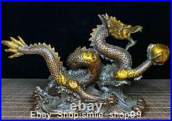 9 Old China Bronze Gilt Feng Shui Dragon Play Bead Loong Lucky Sculpture