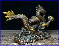 9 Old China Bronze Gilt Feng Shui Dragon Play Bead Loong Lucky Sculpture