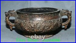 9'' Old Chinese Bronze Gilt Dragon Loong Animal Double Ear Incense Burner Censer