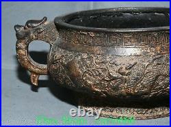 9'' Old Chinese Bronze Gilt Dragon Loong Animal Double Ear Incense Burner Censer