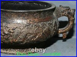 9'' Old Chinese Bronze Gilt Dragon Loong Animal Double Ear Incense Burner Censer