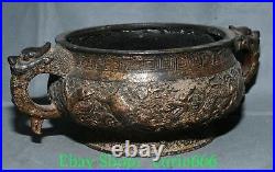 9'' Old Chinese Bronze Gilt Dragon Loong Animal Double Ear Incense Burner Censer