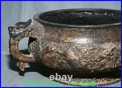 9'' Old Chinese Bronze Gilt Dragon Loong Animal Double Ear Incense Burner Censer