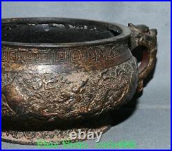 9'' Old Chinese Bronze Gilt Dragon Loong Animal Double Ear Incense Burner Censer