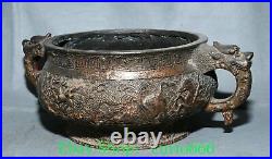 9'' Old Chinese Bronze Gilt Dragon Loong Animal Double Ear Incense Burner Censer