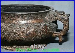 9'' Old Chinese Bronze Gilt Dragon Loong Animal Double Ear Incense Burner Censer