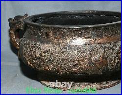 9'' Old Chinese Bronze Gilt Dragon Loong Animal Double Ear Incense Burner Censer