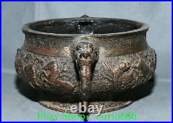 9'' Old Chinese Bronze Gilt Dragon Loong Animal Double Ear Incense Burner Censer