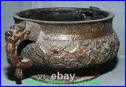 9'' Old Chinese Bronze Gilt Dragon Loong Animal Double Ear Incense Burner Censer