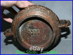 9'' Old Chinese Bronze Gilt Dragon Loong Animal Double Ear Incense Burner Censer