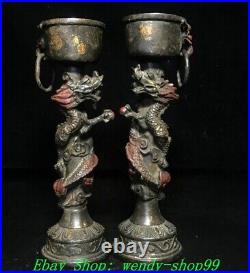 9 Old Chinese Dynasty Bronze Cinnabar Dragon Candle Holder Candlestick Pair