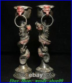 9 Old Chinese Dynasty Bronze Cinnabar Dragon Candle Holder Candlestick Pair