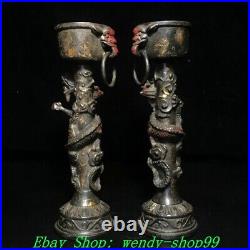 9 Old Chinese Dynasty Bronze Cinnabar Dragon Candle Holder Candlestick Pair