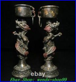 9 Old Chinese Dynasty Bronze Cinnabar Dragon Candle Holder Candlestick Pair