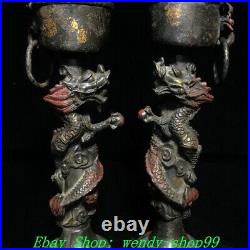 9 Old Chinese Dynasty Bronze Cinnabar Dragon Candle Holder Candlestick Pair