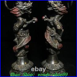 9 Old Chinese Dynasty Bronze Cinnabar Dragon Candle Holder Candlestick Pair