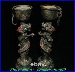 9 Old Chinese Dynasty Bronze Cinnabar Dragon Candle Holder Candlestick Pair