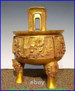 9 Old Chinese Dynasty Bronze Ware Gold 3 Leg Dragon Beast Incense Burner Censer