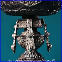 9 Old Chinese Dynasty Copper Silver Dragon Head 8 Auspicious Symbol Bowl Bowls