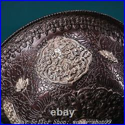 9 Old Chinese Dynasty Copper Silver Dragon Head 8 Auspicious Symbol Bowl Bowls
