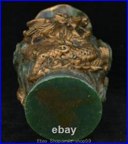 9 Old Chinese Green Jade Gilt Dynasty Palace Dragon Flower Bottle Vase