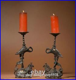 9 Old Tibet Bronze Gilt Crane Bird Dragon Turtle Candle Holder Candlestick Pair