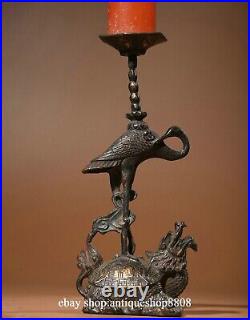 9 Old Tibet Bronze Gilt Crane Bird Dragon Turtle Candle Holder Candlestick Pair